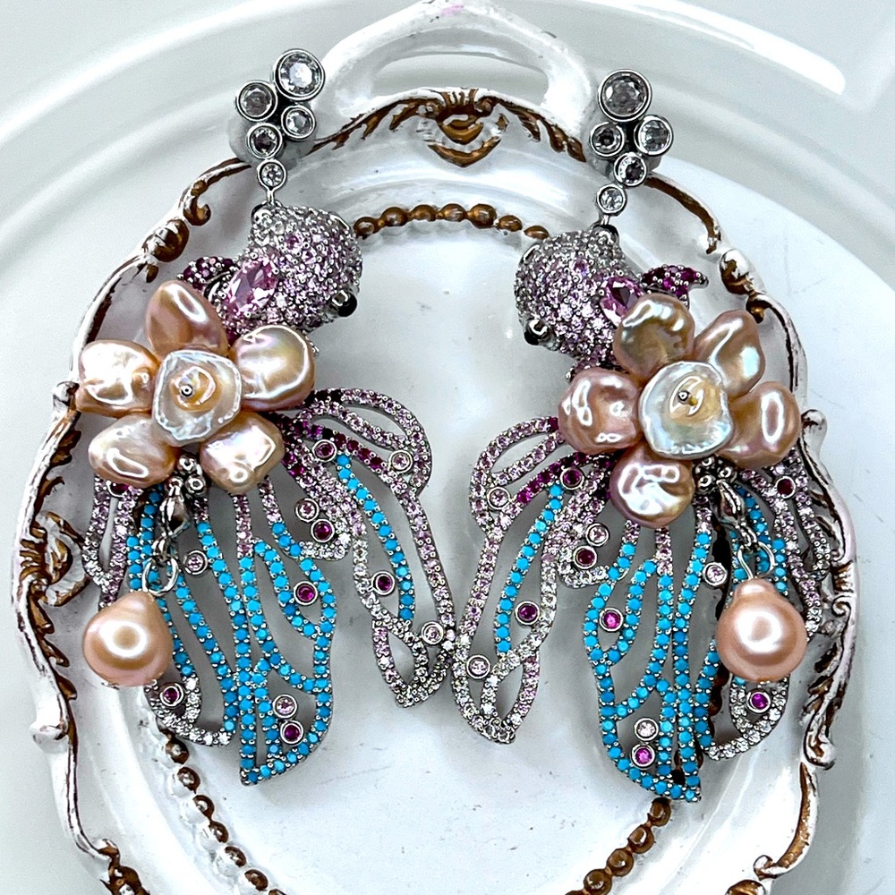 🔥 Handmade Freshwater Premium Keshi Flower 🌺 Rhodium Plated Crystal Earrings